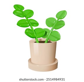 Green plant with rounded leaves in a beige pot. 3D illustration isolated. Houseplant and interior decor concept.