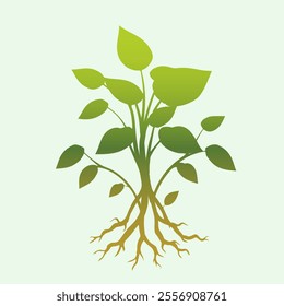 Green Plant Silhouette with Roots on Light Background Illustration