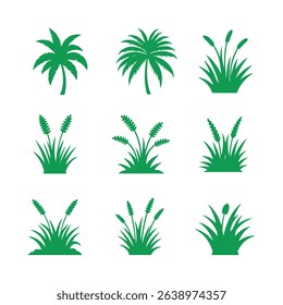 Green plant silhouettes of palm trees, reeds, and grass for nature and environmental designs