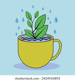 A green plant sprout being watered with droplets of water, growing strong on a flat yellow ceramic cup-shaped vessel, with a light blue background behind and a bluish shadow beneath the cup.