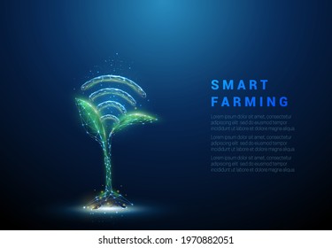 Green plant sprout with blue wi-fi symbol. Agriculture sensor concept. Low poly style design. Abstract geometric background. Wireframe light connection structure. Modern 3d graphic Vector illustration