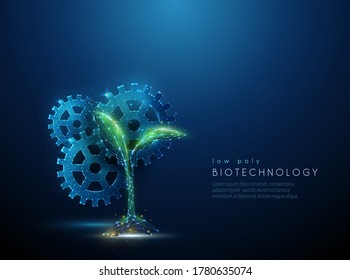 Green plant sprout and cogwheels. Biotechnology concept. Low poly style design. Abstract blue geometric background. Wireframe light connection structure. Modern 3d graphic Isolated vector illustration