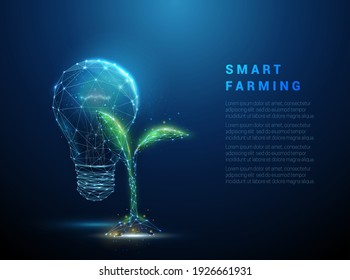 Green plant sprout near blue light bulb. Biotechnology concept. Low poly style design. Abstract geometric background. Wireframe light connection structure. Modern 3d graphic. Vector illustration.