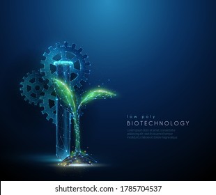 Green plant sprout, tube, cogwheels. Biotechnology concept. Low poly style design Abstract blue geometric background Wireframe light connection structure Modern 3d graphic Isolated vector illustration