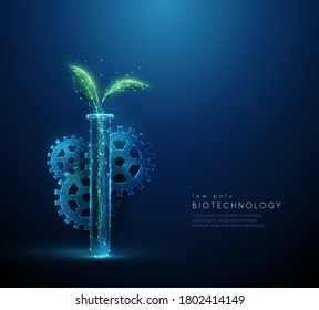 Green plant sprout, tube, cogwheels. Biotechnology concept. Low poly style design Abstract blue geometric background Wireframe light connection structure Modern 3d graphic Isolated vector illustration