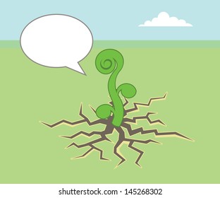 green plant sprouting from crack on ground, with speech bubble