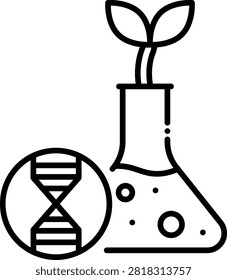 Green plant sprouting from a laboratory flask next to a DNA marker. This botanical setup illustrates agricultural biotechnology and genetically modified organisms. Ideal for agritech company logos and botanical research publications.