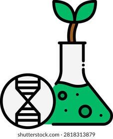 Green plant sprouting from a laboratory flask next to a DNA marker. This botanical setup illustrates agricultural biotechnology and genetically modified organisms. Ideal for agritech company logos and botanical research publications.