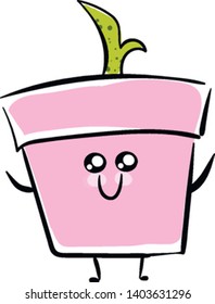 the green plant with a stem growing in a flower pot has a cute little face with two eyes rolled bottom-left, and hands wide opened smiles while standing , vector, color drawing or illustration.