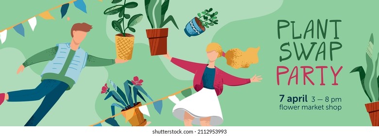 Plantilla de afiche del partido de intercambio de plantas verdes. El mercado de flores en maceta de estilo de vida ecológico. Intercambio horizontal de plantas de banner. Muchacho volador sostiene grandes plantas de hogar. Dibujo vectorial lindo