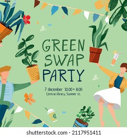 Green plant swap party poster template. Eco friendly lifestyle potted flowers market. Banner plants exchange for social media. Flying boy and girl holding big houseplants. Cartoon vector illustration