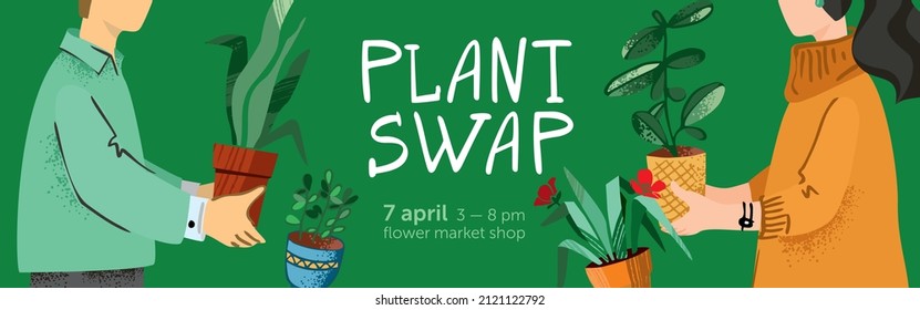 Green plant swap party poster template. Eco friendly lifestyle potted flowers market. Horizontal banner plants exchange. Boy and girl holding big houseplants. Cartoon cute vector illustration