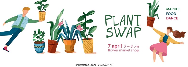 Green plant swap party poster template. Eco friendly lifestyle potted flowers market. Horizontal banner plants exchange. Flying boy and girl holding big houseplants. Cartoon cute vector illustration