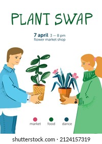 Green plant swap party poster template. Eco friendly lifestyle potted flowers market. Vertical banner plants exchange. Boy and girl holding big houseplants isolated on white. Vector illustration