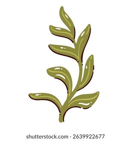 Green plant twig with smooth curved leaves in simple cartoon doodle style. Natural and minimal element for decor, stickers, prints, or digital design, vector illustration