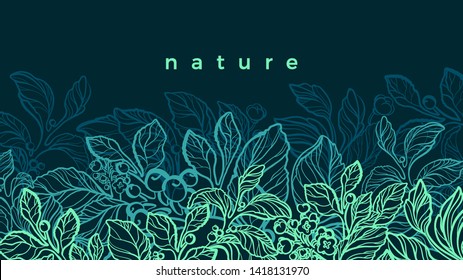 Green plantation. Vector nature background. Night jungle, tropics Flowering art sketch, bio design. Natural herbal food, drink. Floral card. Vegan plant