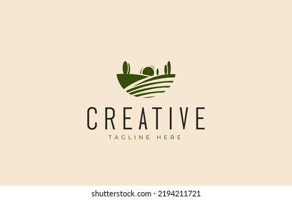 Green Plantations Logo Design. Hillside Sunscape Landscape Icon Template
