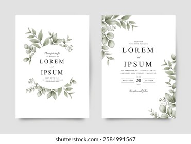 Green plants arranged elegant wedding invitation template