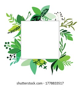 green plants with berries around white square, trendy modern template blank 