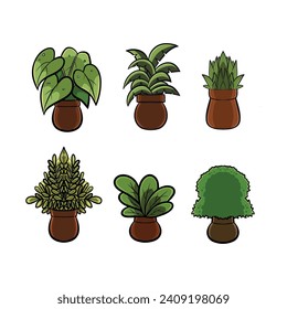 Green plants in brown pots, vector format. You can create additional children's book templates or logos.