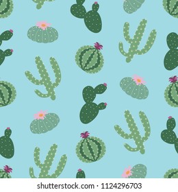 green plants cactus peyote seamless pattern on a blue background summer fashion print vector.