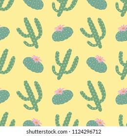 green plants cactus peyote seamless pattern on a yellow background summer fashion print vector.