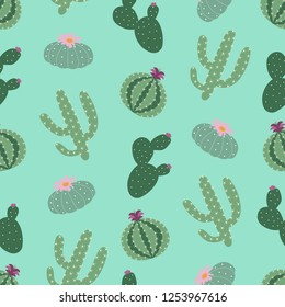 green plants cactus peyote seamless pattern on a turquoise background summer fashion print vector.