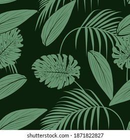 Green plants with dark green color background. Seamless pattern. Vector Illustration