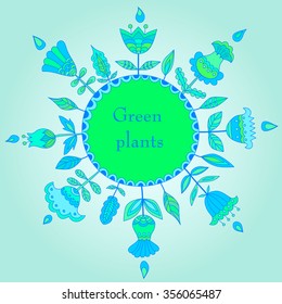 Green plants and flowers. Decorative floral elements. Save the World ecology poster. Vector illustration.