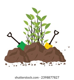 Green plants grow from soil and soil shovels.