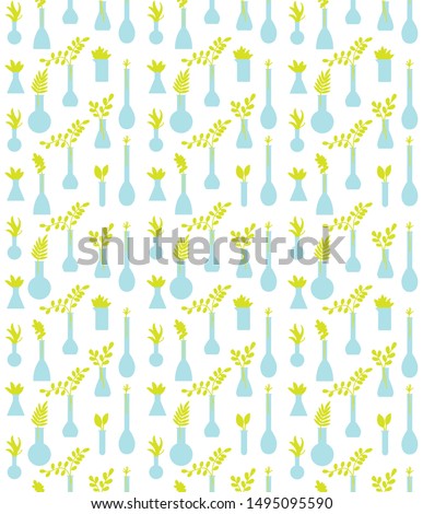 Green plants and leafs in laboratorian flasks and tubes. Vector illustration, pattern, texture, ornament, print. 