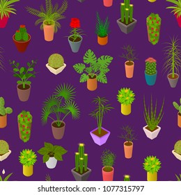Green Plants in Pot Seamless Pattern Background 3d Isometric View Element Decoration Interior for Home, Shop or Office. Vector illustration of Potted Plant