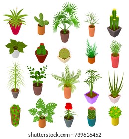 Green Plants In Pot Set Icons 3d Isometric View Element Decoration Interior For Home, Shop Or Office. Vector Illustration Of Potted Plant