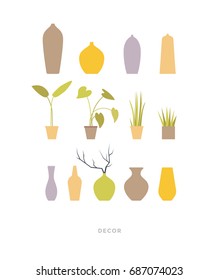 Green plants in pots and ceramic vases for decorating interior of house and office. Indoor plants on light background. Vector illustration.