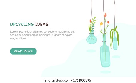 Green plants in pots from glass bottles. Cute bottles with flowers. Zero waste, upcycling ideas, reuse of utilized, vertical gardening concept. Colourful vector illustration on white background
