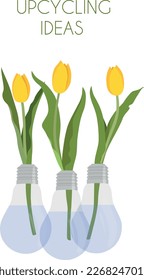 Green plants in pots of light bulbs. Cute flower bottles. Zero waste, reuse ideas. Recycling ideas to save the Earth. potting for recycling, upcycling and zero waste, Don't throw away light bulbs