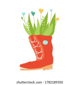 Green plants in pots from old shoes. Cute boots with flowers. Zero waste, upcycling ideas, reuse of utilized, vertical gardening concept. Colourful vector illustration with copy space