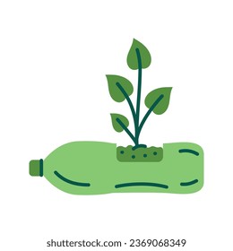 Green plants in pots from plastic bottle color flat icon. Zero waste lifestyle. Eco friendly. Reasonable consumption