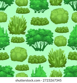 Plantas verdes padrão sem costura. Arbustos e árvores de verão. Folhas exuberantes de arbustos. Florestas de parque verde. Elementos de paisagem. Impressão botânica repetida. Arbustos naturais. Floresta selvagem. Plano de fundo do vetor