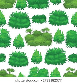 Green plants seamless pattern. Summer bushes. Shrubbery lush foliage leaves. Park grass. Trees greenery. Repeated botanical print. Natural shrubs. Wild forest. Landscape elements. Vector background
