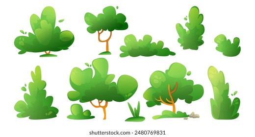 Green plants set isolated on white background. Vector cartoon illustration of tree, bush, shrub, grass for spring or summer park, wood, forest or garden design, foliage on branches, game ui elements