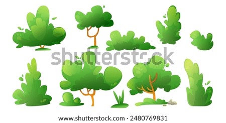 Green plants set isolated on white background. Vector cartoon illustration of tree, bush, shrub, grass for spring or summer park, wood, forest or garden design, foliage on branches, game ui elements