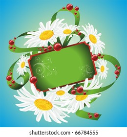 Green plaque with space for your text. Daisies with a ribbon. Vector illustration.