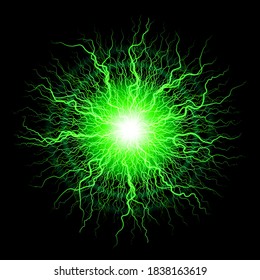 Green Plasma Light Effect. Energy Charge, Static Electricity Lightning on Black Background. Fireball Lightning, Green Thunderbolt