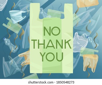 Green plastic bag with NO THANK YOU sign ocean with polluted water plastic bags and bottles ecology problem disaster flat vector illustration