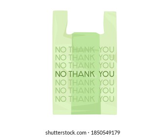Green plastic bag with NO THANK YOU sign ecology problem disaster flat vector illustration on white background