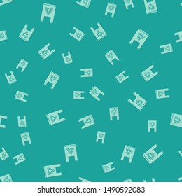 Green Plastic bag with recycle icon isolated seamless pattern on green background. Bag with recycling symbol.  Vector Illustration