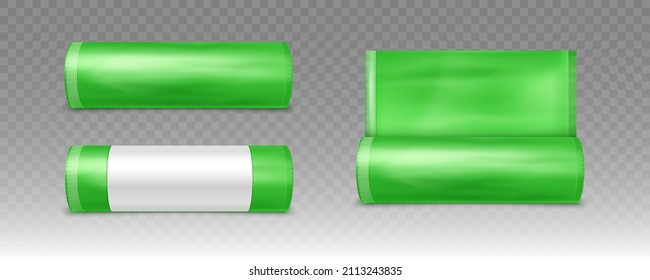 Green plastic bag for trash and garbage. Vector realistic mockup of polyethylene trashbag in roll isolated on transparent background