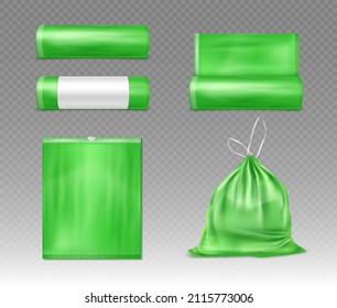 Green plastic bag for trash and garbage.  Green disposable package for rubbish. Vector realistic mockup of polyethylene trash bag isolated on transparent background.