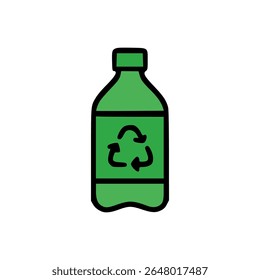 Green Plastic Bottle with Black Recycle Symbol and Thick Outline in Flat Cartoon Style